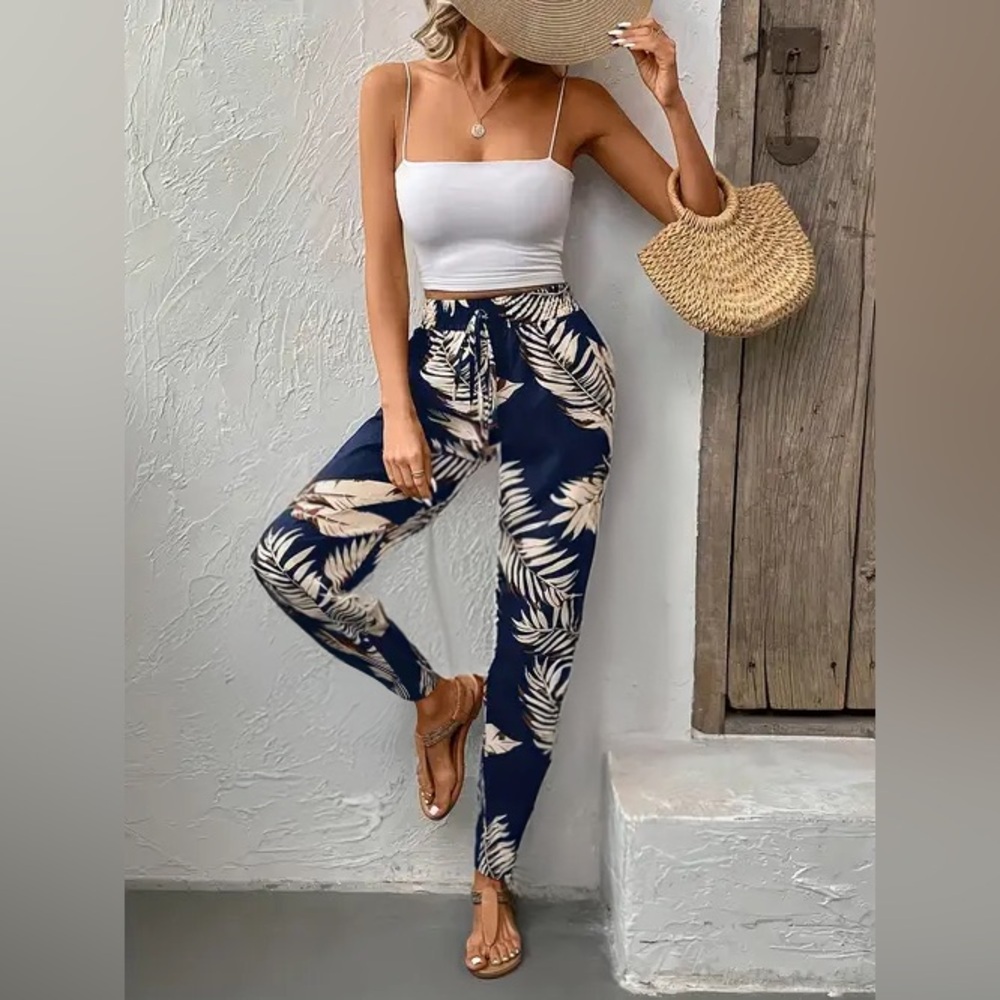 Lightweight Navy Silk Palm Print Drawstring Pant